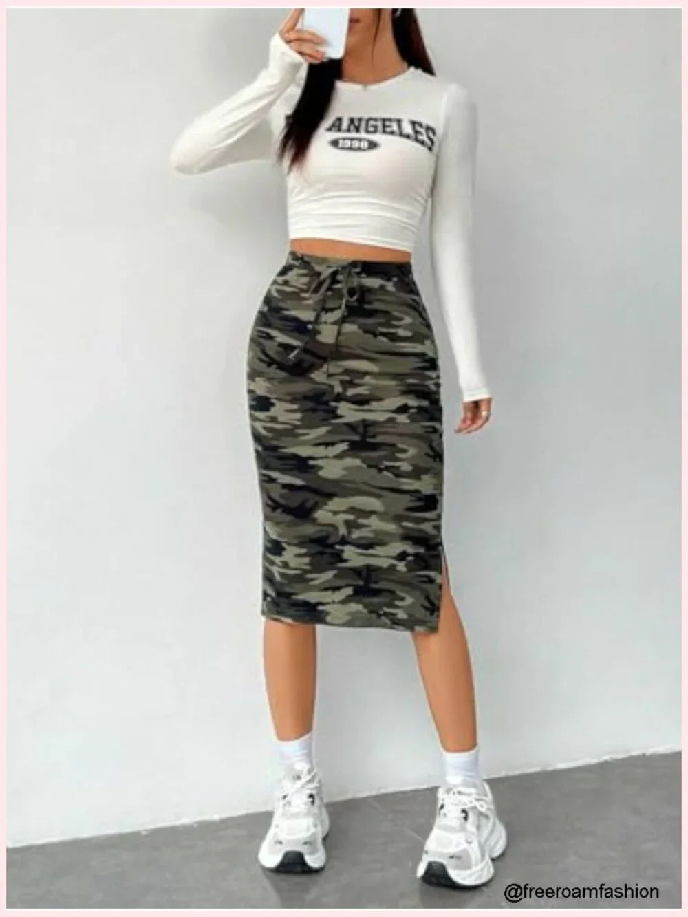 Women's High Waist Camo Print Pencil Skirt Drawstring Tie Side Split